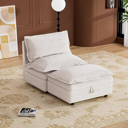 Oversized Armless Sofa with Ottoman Chenille Upholstered Chaise Lounge Comfy Armless Accent Chair and Ottomans with Storage Reading Chair with Ottoman for Living Room Bedroom Beige