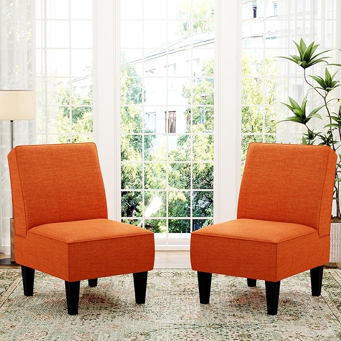 ALISH Upholstered Living Room Chairs Set of 2 Armless Side Accent Bedroom Chairs with Curved Backrest and Wooden Legs Orange Orange