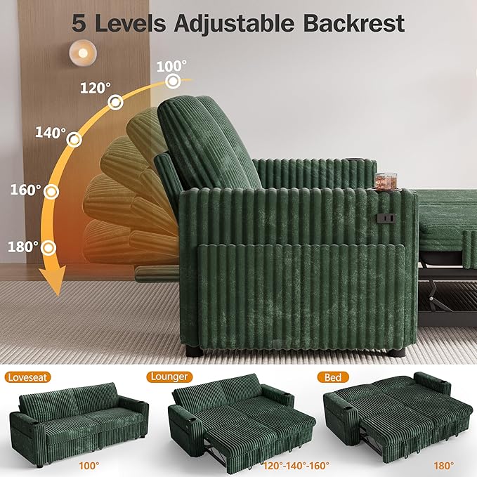 Sunny Heart 91 Plush Corduroy L Shaped Sectional Sleeper Sofa Bed with Pull Out Bed Reclining Backrest Reversible Storage Chaise USB Ports Cup Holders Tool Free AssemblyForest Green