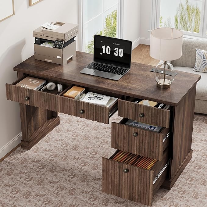 GarveeHome 54 Home Office Desk Fluted Executive Desk with File Drawers Wooden Computer Desk with Charging Station for Study Room-Brown