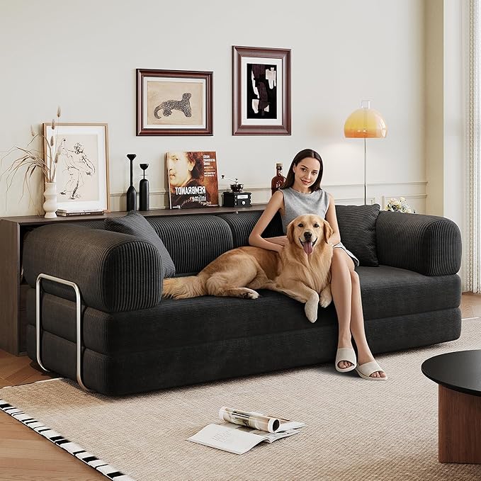KEIKI 78.8 inch Compression Sofa Convertible Floor Sofa Bed Comfy Futon Couch Sleeper Bed Corduroy Folding Loveseats for Living Room Black