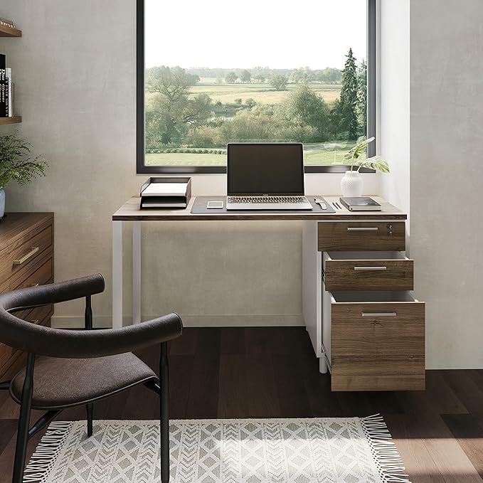 Modern Design Milano Office Desk with 3 Locking Drawers 48 Inch White and Walnut Industrial Wood Desk with Filing Drawer and Storage by Crafts and Comfort