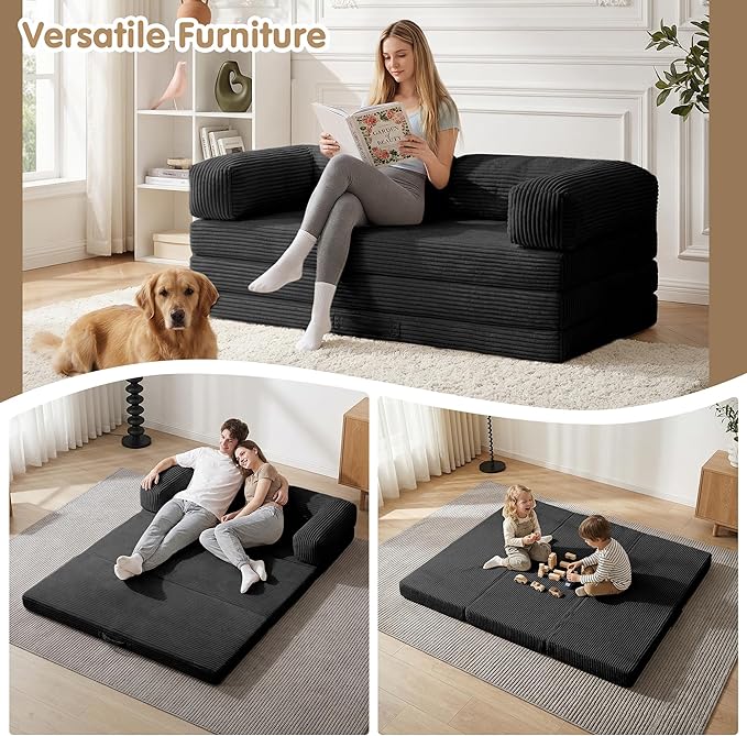 5-in-1 Convertible Sofa Bed54 Boneless Couch Tri Folding Floor Mattress with Removable L-Shaped Armrests &amp HandleCorduroy Futon Couch Sleeper with Pull Out Bed for Living Room Bedroom Apartment