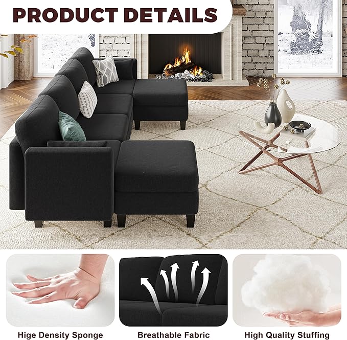Modular Sectional Sofa Comfy Cloud Couch Sectionals Convertible Modular Couch with High Density Memory Foam 6 Seat U Shaped Sectional Couches for Living Room Washable Cover Black | Comfortable C