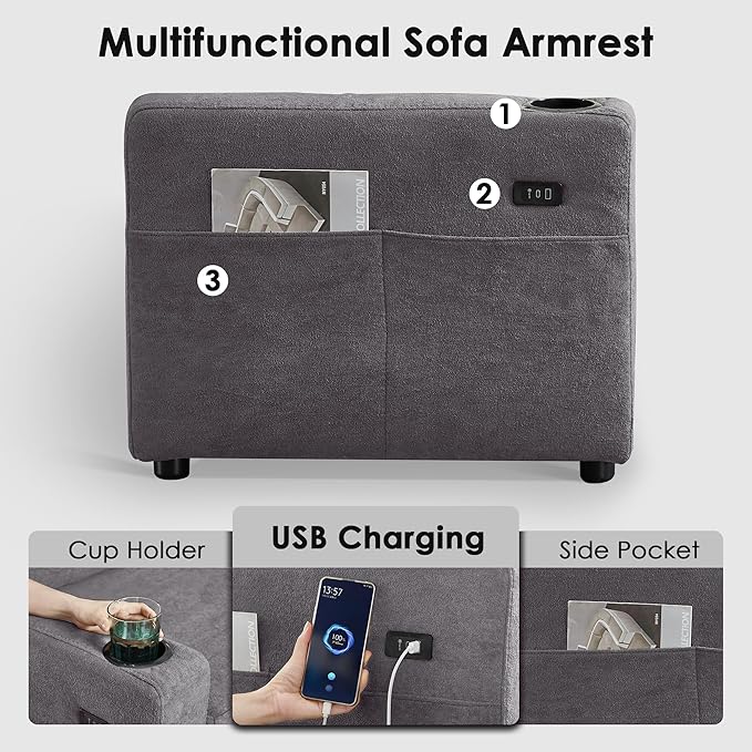 Reversible Sectional Sofa Couch Sleeper Sofa Bed with Storage Chaise Pull Out Couch for Living Room | USB Charge | Cup Holder | Removable Backrest |Teddy Fabric (LightGrey)