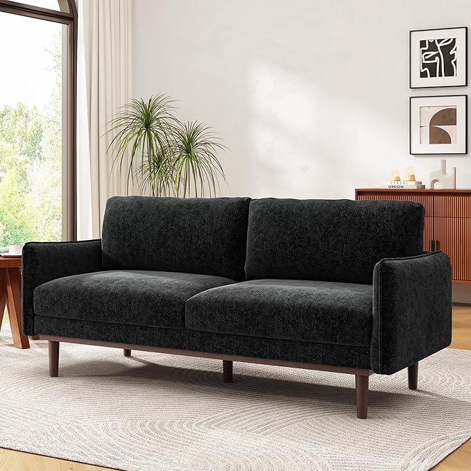 Christopher Knight Home Brena Modern Chenille Upholstered Loveseat Sofa Wooden 2 Seater Sofa Couch with Deep Seat Comfy Cloud Couch for Living Room Bedroom Home Office Black