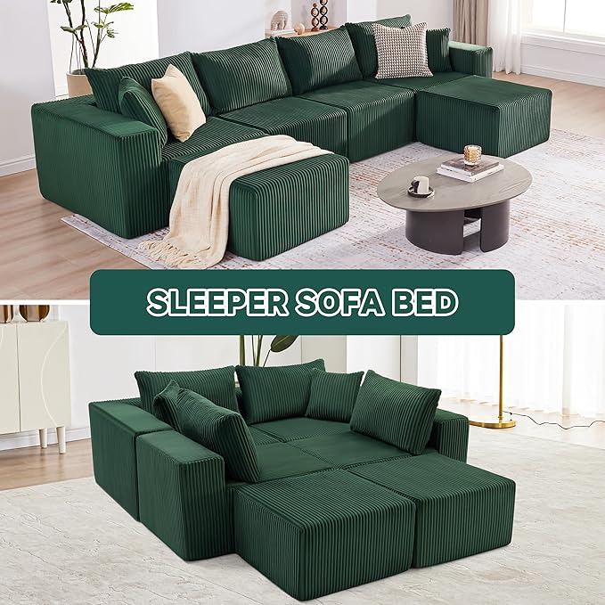 135.4 Cloud Couch Sectional Modular Sofa with Deep Seat Plush Corduroy U Shaped Boneless Couch Convertible Sectional Couches for Living Room 6Seat Green