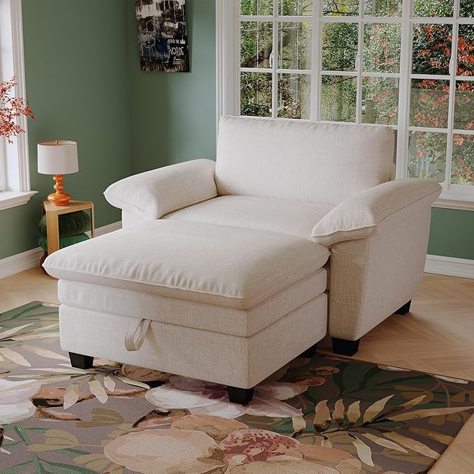 51-Inch Wide Oversized Chenille Recliner Sofa Ottoman with Storage - Upholstered Lounge Chair (Beige)