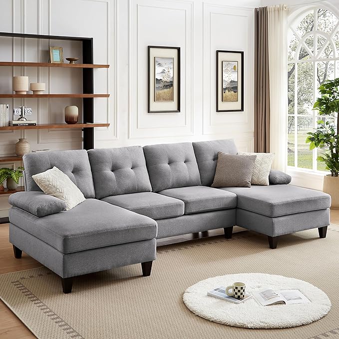 111 Sectional Couch for Living Room 4 Seater U-Shaped Sofa Couches with Double Chaise Polyester Fibre Light Grey