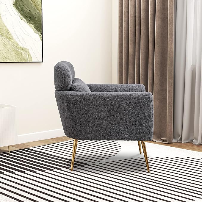 29.5 W Modern Boucle Accent Chair Armchair Upholstered Reading Chair Single Sofa Leisure Club Chair with Gold Metal Leg and Throw Pillow for Living Room Bedroom Dorm Room Office Gray Boucle