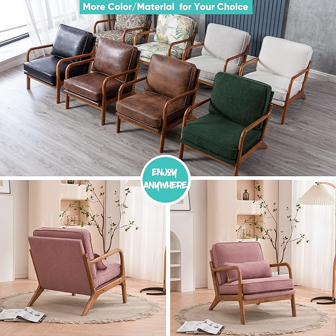 JOYBASE Lounge Accent Chair Mid Century Modern Chair Arm Chair Wood Frame Armchair for Living Room Bedroom (Pink Fabric)