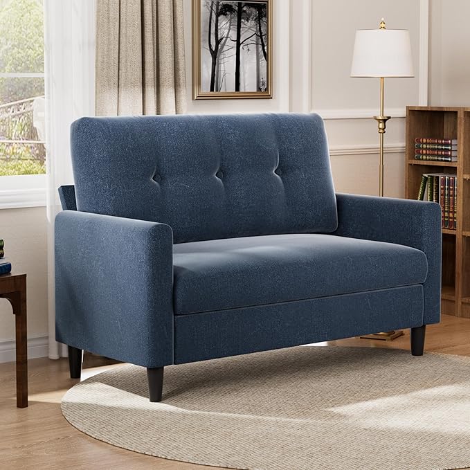Vipbear 50 Small Loveseat Sofa Small Couch for Living Room Bedroom Office Comfy Love Seat with Deep Seat Spring Cushion Solid Wood Frame Tool-Free Assembly Navy Blue Chenille