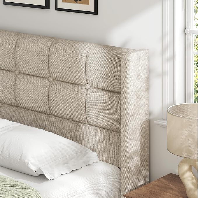 Lifezone King Size Lift Up Storage Bed Frame Linen Upholstered King Platform with Button Tufted Wingback Headboard and Under-Bed Storage Hydraulic Support No Box Spring Needed Noise Free Beige