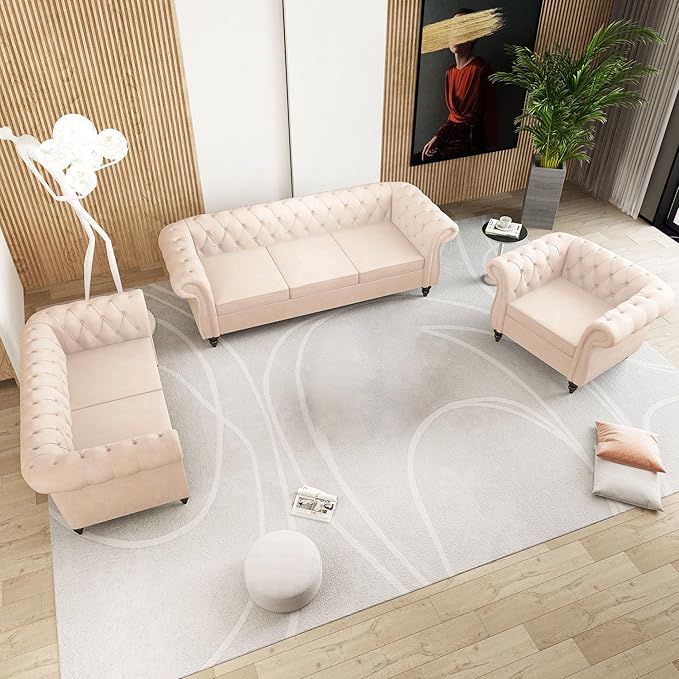 Chesterfield 3 Seater Sofa Sofa Couch with Rolled Arms Tufting Nailhead Trim Large Couch for Living RoomBedroom Office Apartment (Velvet Beige)
