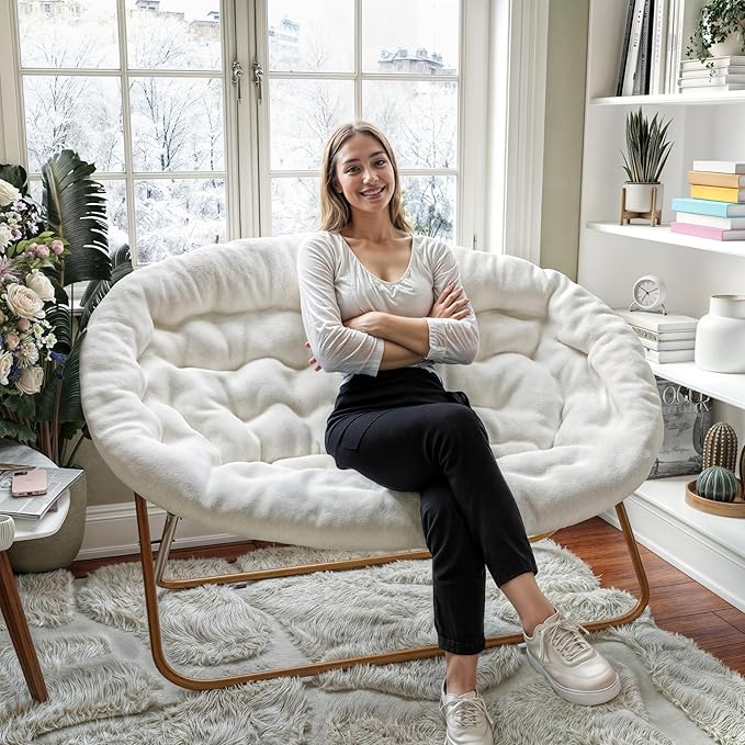 BizChair 56 Portable Folding Double Saucer Chair in Ivory Faux Shearling with a Soft Gold Steel Frame for Dorm Living Room or Bedroom