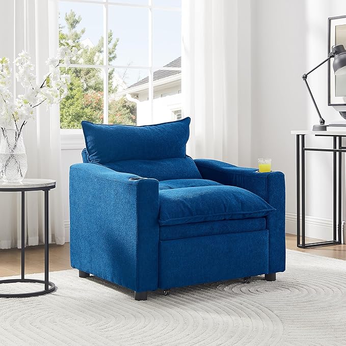 3-in-1 Convertible Sleeper Chair Bed Adjustable Pull-Out Sleeper Sofa Chair Modern Futon Sofa Bed Loveseat with Adjustable Backrest for Living Room Small Space (Blue 36 W)