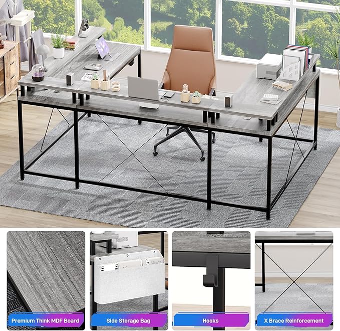 Garvee 79 Inch u Shaped Computer DeskLarge Gaming Desk with Power Outlets &amp LED LightsReversible l Shaped Desk for Home Office Work and GamingGray