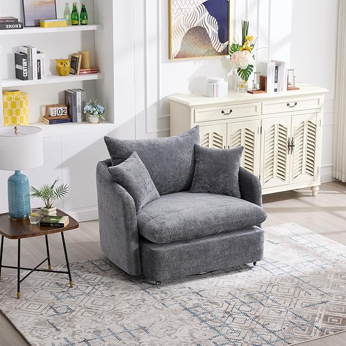 360 Degree Swivel Accent Chair Oversized 37.8 inch Extra Wide Barrel Swivel Chairs with Deep Seat for Living Room Club Reading Bedrooms (Light Grey)