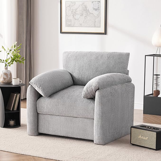 Chenille Oversized Armchair 38.6 Wide Accent Chairs for Living Room &amp Bedroom Modern Lounge Chair Upholstered Mid-Century Reading Chair Comfy Living Room Chair (LightGrey 2Pack)