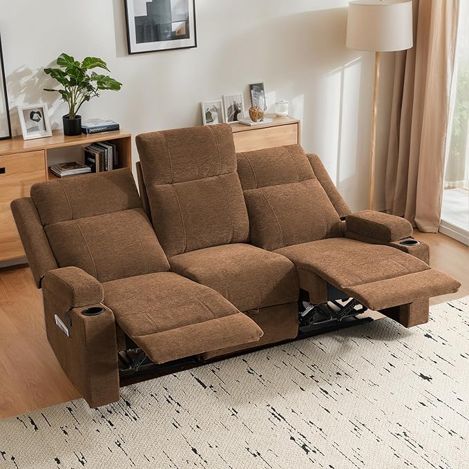 75'' Manual Reclining Sofa with Storage Drawer 3 Seat Wall Hugger Recliner Couch with Cup Holders Side Pockets Chenille Fabric Compact 3-Person Recliner for RV Living Room Apartment (Brown)