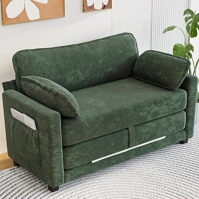 KEIKI Convertible Sofa Bed 2 in 1 Corduroy Loveseat Folding Couch Bed with Storage Chaise Lounge Chair &amp Floor Futon Sleeper Love Seating for Small Apartment Guest Living Room Easy Assembly Gr
