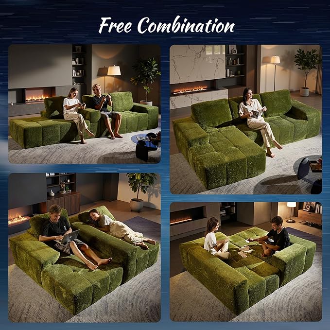 ovios 115 Cloud Boneless Couch with Glitter Fabric Moudular Sectional Sofa with Deep Seat No Assembly Required Modern Minimalist L Shaped Couches with Chaise for Living Room Green