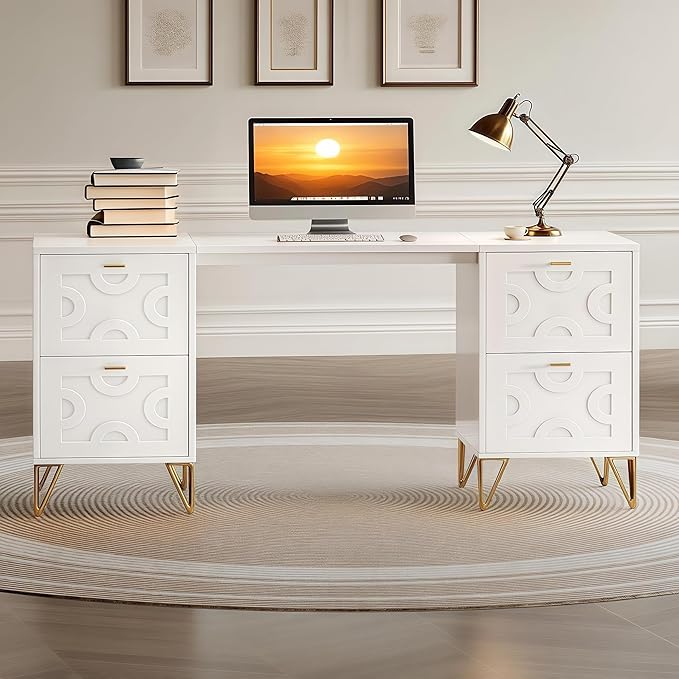 Tribesigns White and Gold Computer Desk 59'' Modern Writing Table with File Drawers Luxury Home Office Executive Desk with Gold Metal Legs for Work or Vanity Use