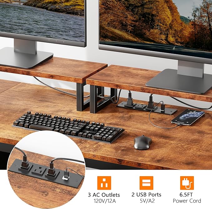 Furologee 55 Computer Desk with File Cabinet and Power Outlets Home Office Desk with 2 Movable Monitor Stands and Storage Drawer Writing Table with Shelves and 2 Hooks for Bedroom Rustic Brown
