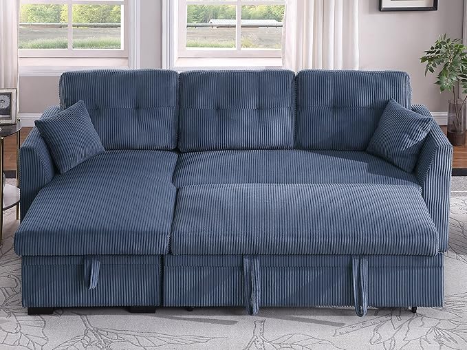 BEEY Sleeper Sofa 82 Corduroy Sectional Sofa Bed with Storage Chaise Convertible L Shaped Sofa Couch with Pull Out Bed for Bedroom Living Room Apartment Blue