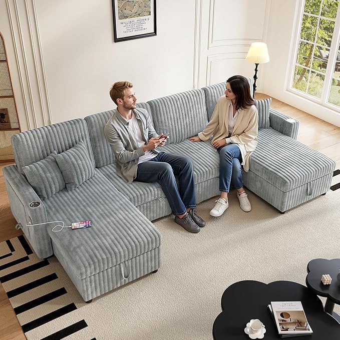 Sleeper Sectional Sofa 110 Modern U Shaped Couch with Pull Out Bed Convertible Corduroy Cloud Sofa with Double Storage Chaise USB Small Desktop Comfy Modular Couch for Living Room Light Gray