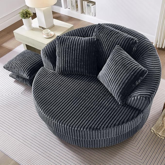 360 Degree Oversized Swivel Chair 50 Round Lounge Chair Modern Accent Circle Chair W/ 5 Pillows Upholstered Corduroy Sofa Chair for Living Room Bedroom Apartment Grey