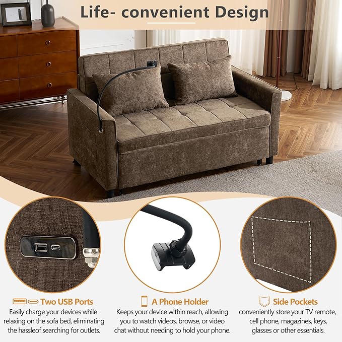 Zateety 3-in-1 Loveseat Sofa Bed Adjustable Backrest 56.9 Pull Out Sofa Bed Soft Chenille Sofa Couch with Large Pockets and Lumbar Pillows Sleeper Couch for Small Space