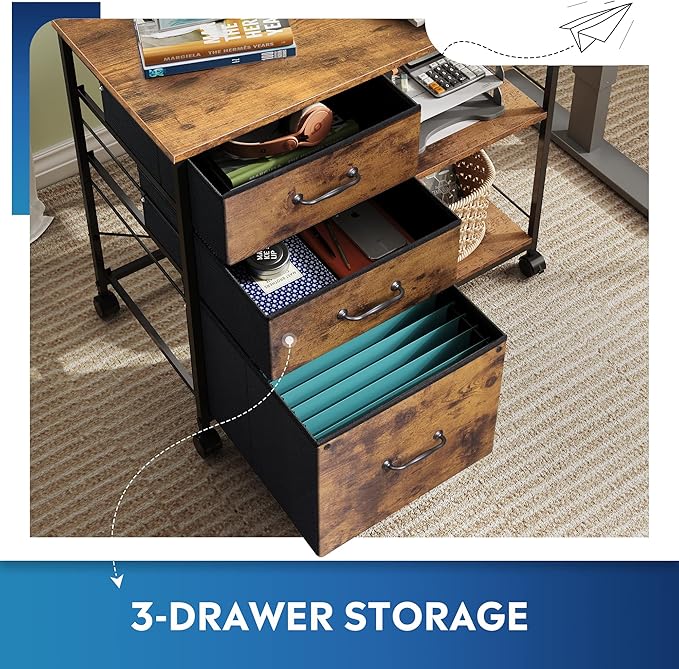 DEVAISE 3 Drawer Mobile File Cabinet Rolling Printer Stand with Open Storage Shelf Fabric Lateral Filing Cabinet fits A4 or Letter Size for Home Office Rustic Brown Wood Grain Print