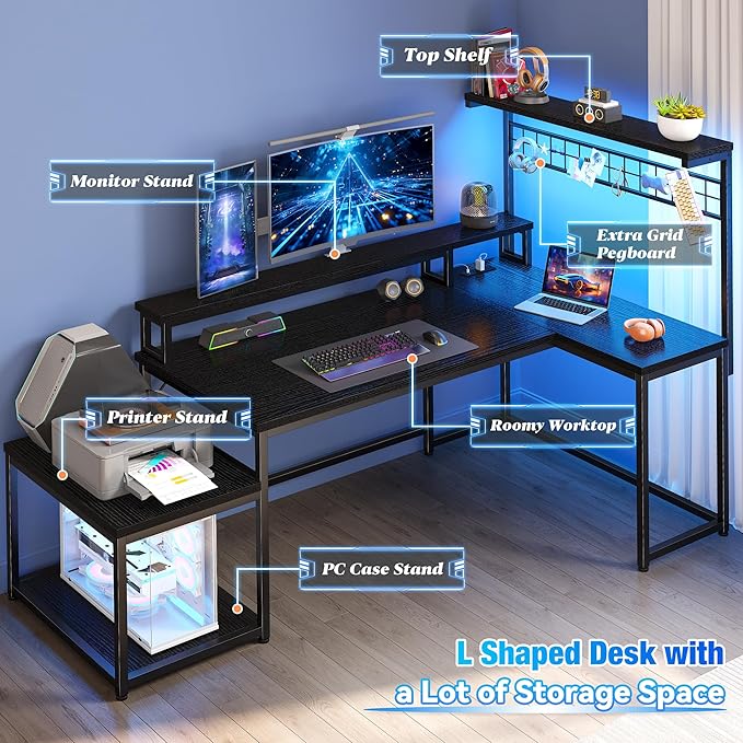 EnHomee 56 Medium L Shaped Gaming Desk with LED &amp Power OutletsComputer Desk with Monitor Stand &amp Print Stand for Home OfficeReversible Corner Gaming Table with Storage Shelf &amp HooksBl