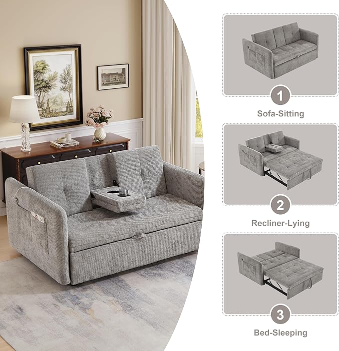 57.48 Convertible Sofa Bed with Cup Holder Pull Out Sleeper Sofa Bed with USB Charging Ports 3 in 1 Convertible Sleeper Sofa Bed for Living Room Apartment Bedroom RV Grey