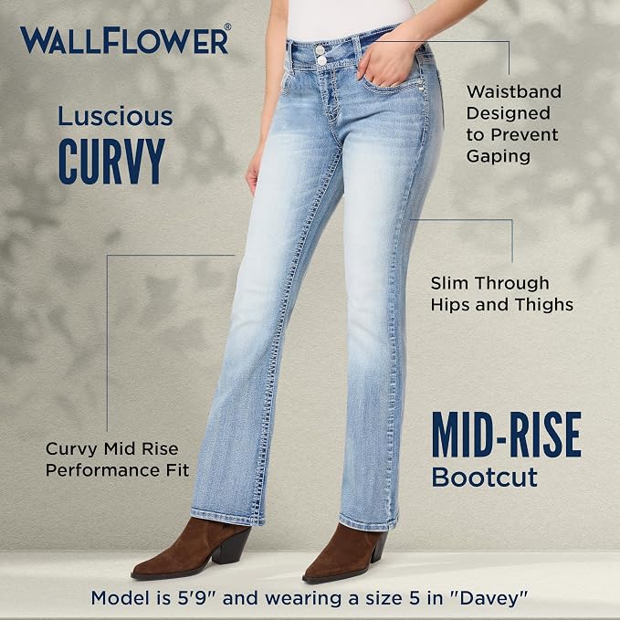 WallFlower Luscious Curvy Bootcut Jeans for Women Mid-Rise Insta Stretch Denim Size-Inclusive Juniors Jeans