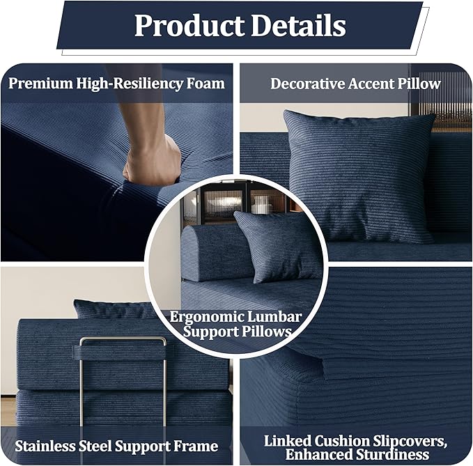 31.5'' Convertible Compressed Corduroy Folding Cloud Sofa Bed Set of 2 2 Pieces Modern Boneless Pull Out Sleeper Sofa Couch 3 in 1 Portable Floor Lounge Chair Set No Assembly Needed Navy Blue