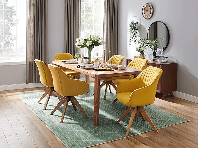 Art Leon Dining Chair Mid Century Modern Fabric Upholstered Swivel Dining Room Chair with Wood Legs Leisure Side Chair with Arms for Living Room Yellow