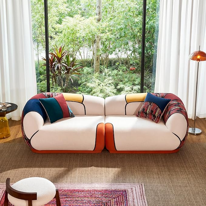 YINIX 102 Oversized Modern Curved Sofa Minimalist 4-Seat Chenille Couch for Living Room Apartment Boneless Sectional Floor Lounge Couches with Bohemian Style Pillows No Assembly