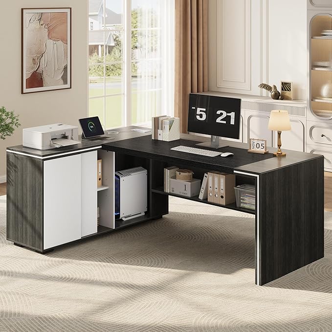 71 L-Shaped Executive Desk with Cabinet Storage Large Office Computer Desk with Storage Shelves Under-Desk Bookshelf CPU Stand Cable Management Business Furniture Workstation (Gray)