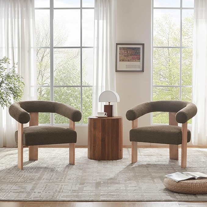 VKNOW Accent Chair Living Room Chairs Set of 2 Modern Upholstered Arm Chair with Solid Wood Legs Comfy Barrel Accent Chairs for Living Room Bedroom Brown