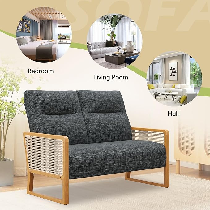 Alunaune Modern Loveseat Bench Couch with Natural Rattan Arm Upholstered Linen Small Love Seat Sofa 2-Seats Living Room Couch Settee Comfy Lounge Recliner Chair-Grey