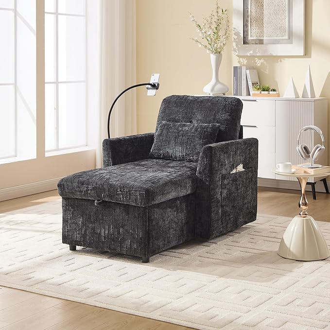 Multifunctional Sofa Recliner Chairs with Storage Cell Phone Bracket Chenille Recliner Chair Bed with Side Pockets and High Backrest Modern Living Room Single Lounge Chair (Black)
