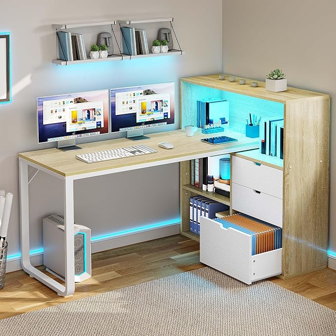 DWVO L Shaped Desk with Drawers 55 Corner Computer Desk with Bookshelf &amp Power Outlets &amp LED Lights Home Office Desk with Storage Shelves Oak &amp White