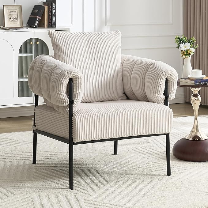 Modern Velvet Accent Chairs Set of 1 Comfy Large Living Room Sofa Chair Upholstered Fabric Armchair with Pillow and Metal Legs for Office/Bedroom/Reading Beige