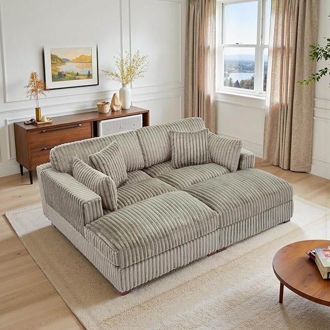 Chaise Lounge Indoor Upholstered Genuine Fur Sofa Counch with Armrest for Living Room Oversized Sleeper Sofa Bed with Pillows for Bedroom Apartment-Light Brown