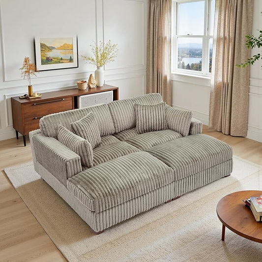 Chaise Lounge Indoor Upholstered Genuine Fur Sofa Counch with Armrest for Living Room Oversized Sleeper Sofa Bed with Pillows for Bedroom Apartment-Light Brown