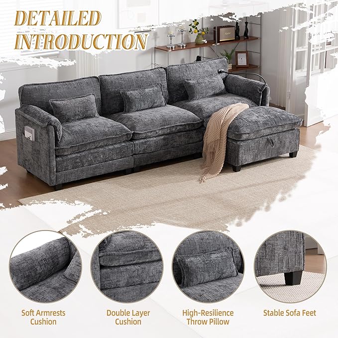 KEIKI 110 L-Shaped Boucle Modular Sectional Chenille Sofa with 1 Ottoman &amp Memory Foam Cushion &amp Phone Holder &amp USB Upholstered Modern Oversized 4-Seater Couch Easy Assembly for Living