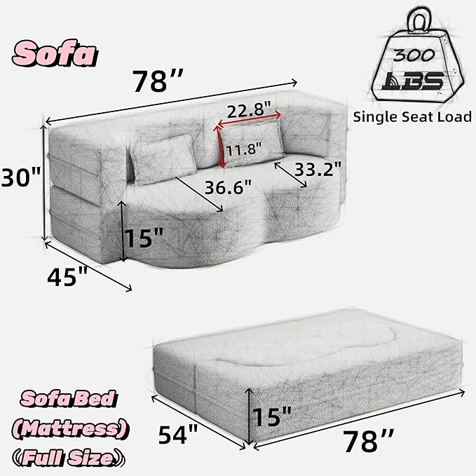 2 in 1 Folding Sofa Bed with 2 Pillows Teddy Fabric Foam-Filled Convertible Sleeper Sofa Floor Couch Full Mattress for Living Room Guestroom No Assembly Required Sofa Bed Pink