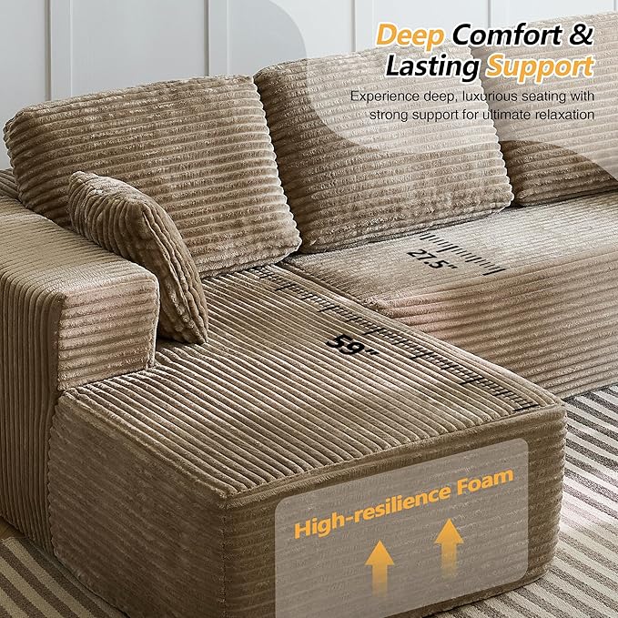 104 L-Shaped Cloud Sectional Sofa with Oversized Chaise Modular 3-Seater Corduroy Couch for Living Room &amp Bedroom Deep Seat No Assembly Required (Camel L Shape with Left FacingChaise)
